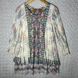 Origami Printed Lined Lace Tunic Top Size Small Women’s Long Sleeve Flowy Blouse